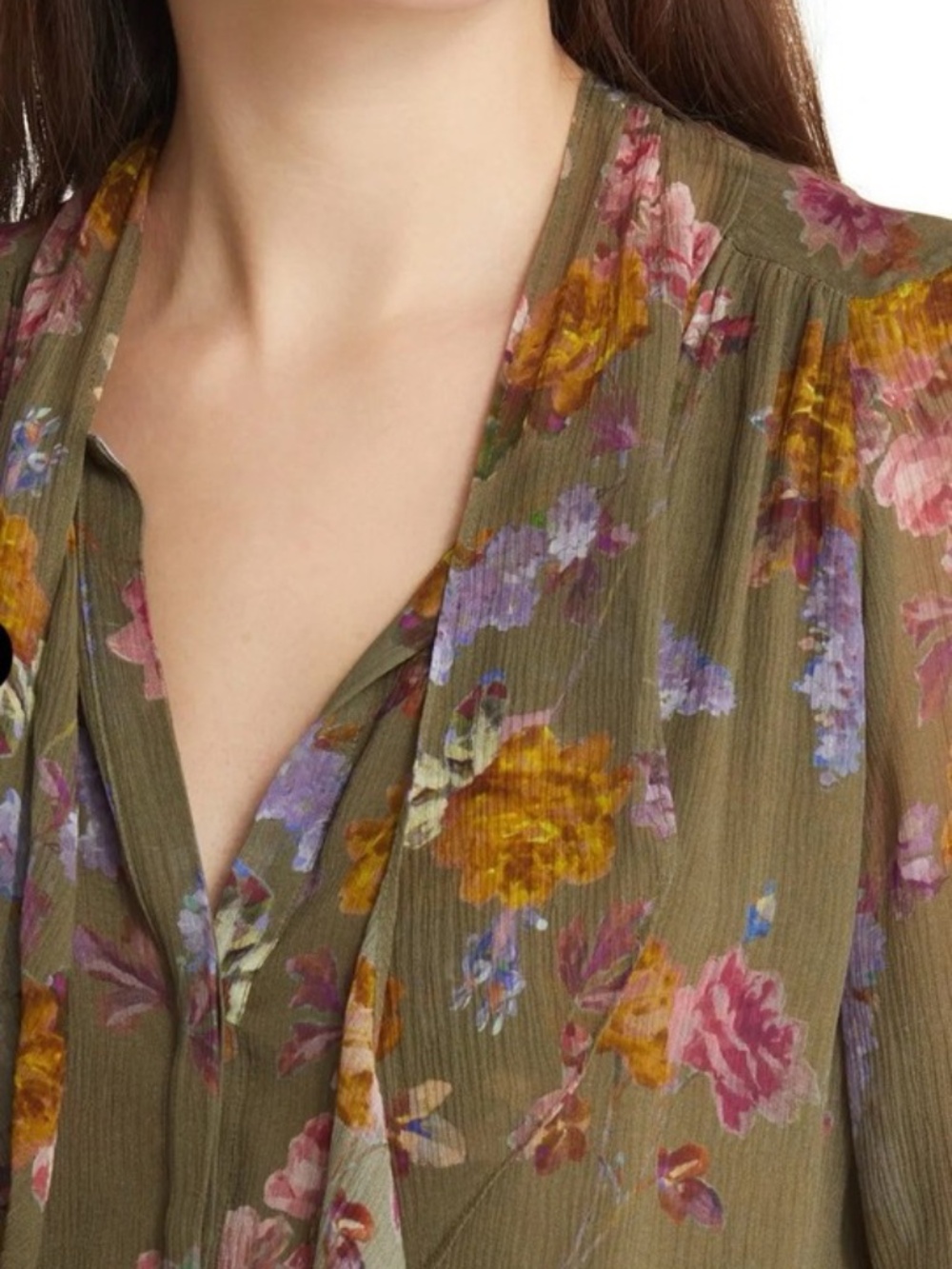Paige Elynne Floral Long Sleeve Silk Chiffon Dress In Moss - size XS - Picture 3 of 9